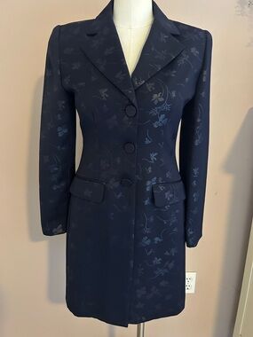 Vintage Navy Floral Long Blazer Coat - Women's Tailored Jacket jacquard size S